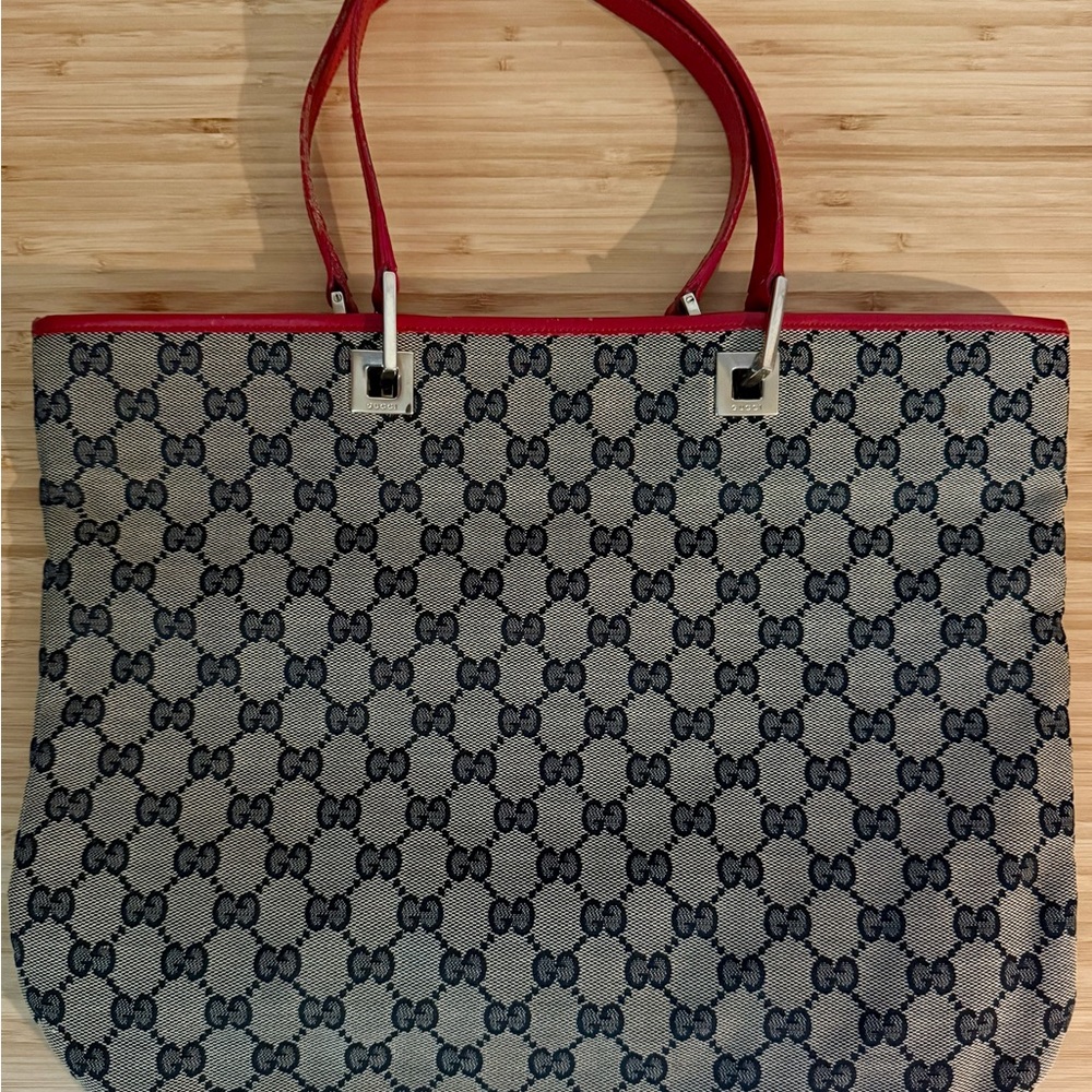 Gucci Beige Navy GG Canvas Tote with Red Trim